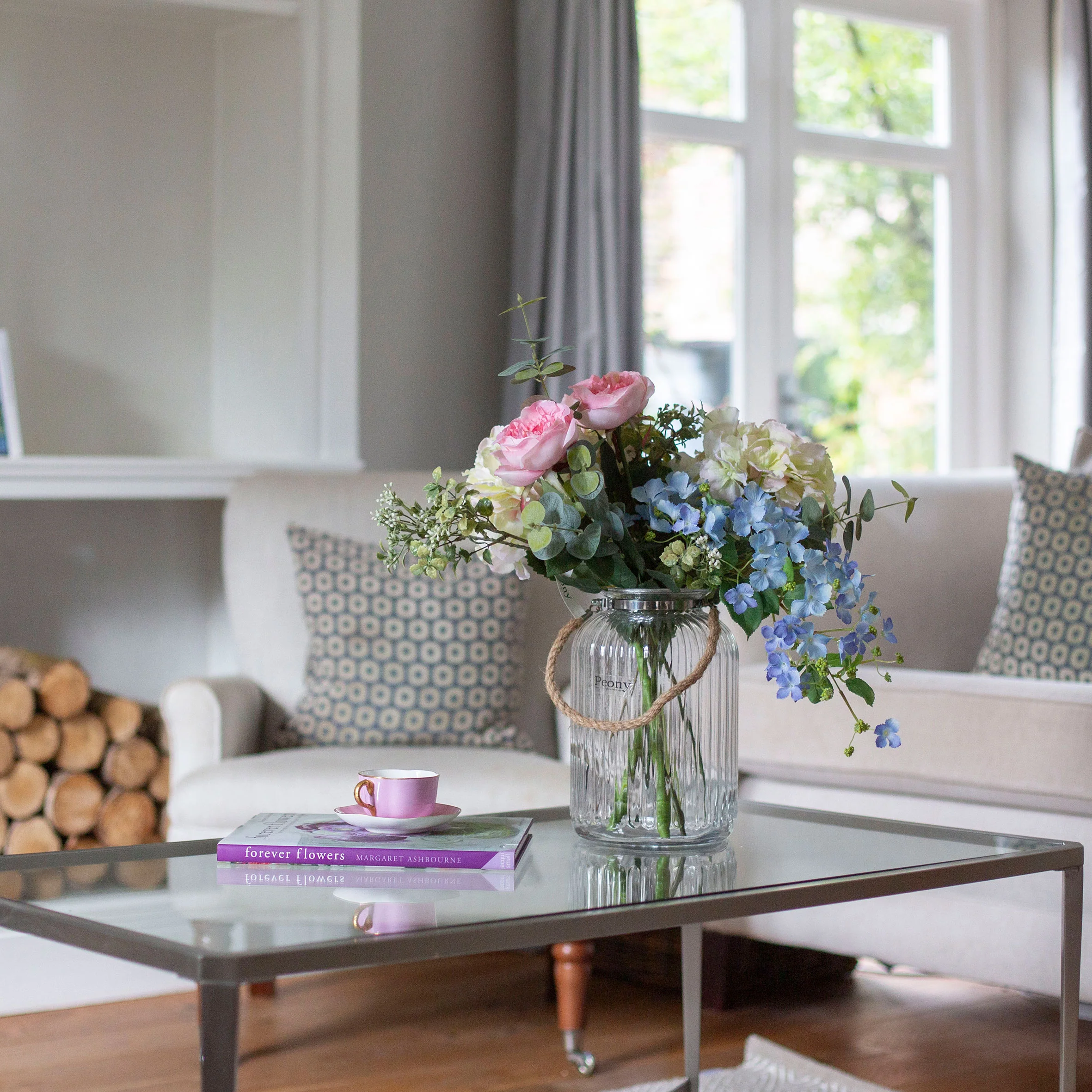 Artificial Country Cottage Rose & Hydrangea Mix in Rope Lantern Vase - Image 3