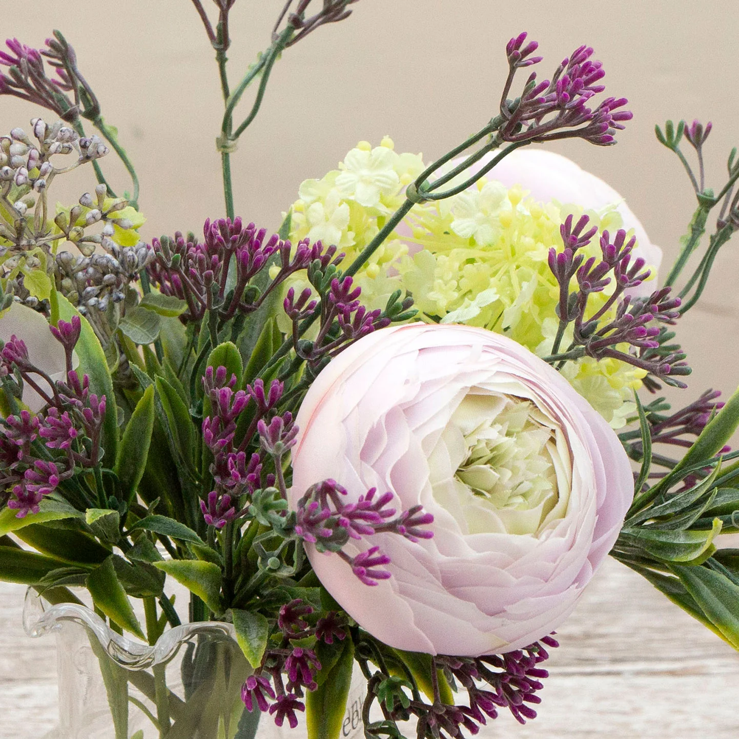 Artificial Ranunculus & Foliage in Glass Garlic Vase - Image 3