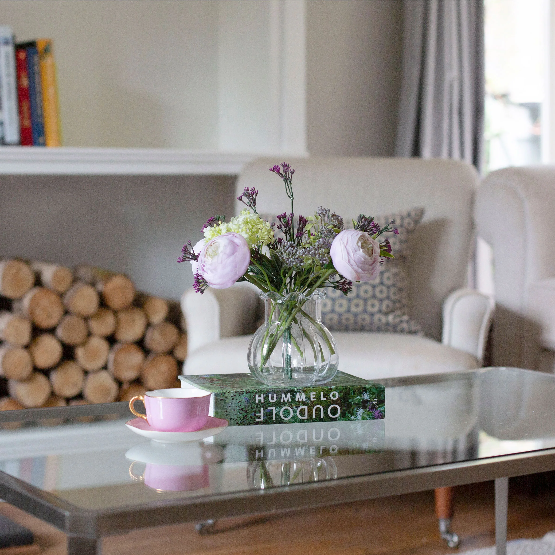 Artificial Ranunculus & Foliage in Glass Garlic Vase - Image 4