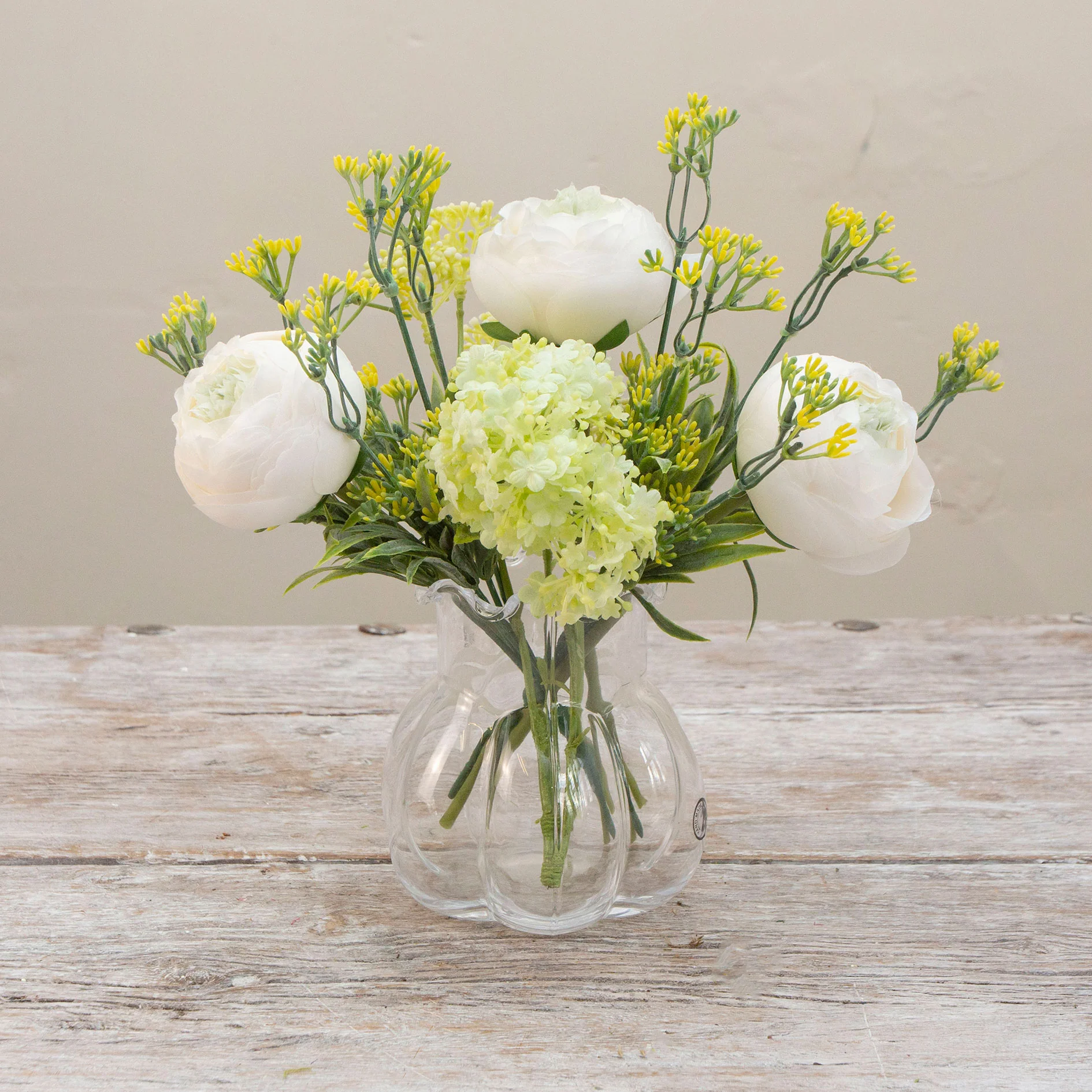 Artificial Ranunculus & Foliage in Glass Garlic Vase - Image 6