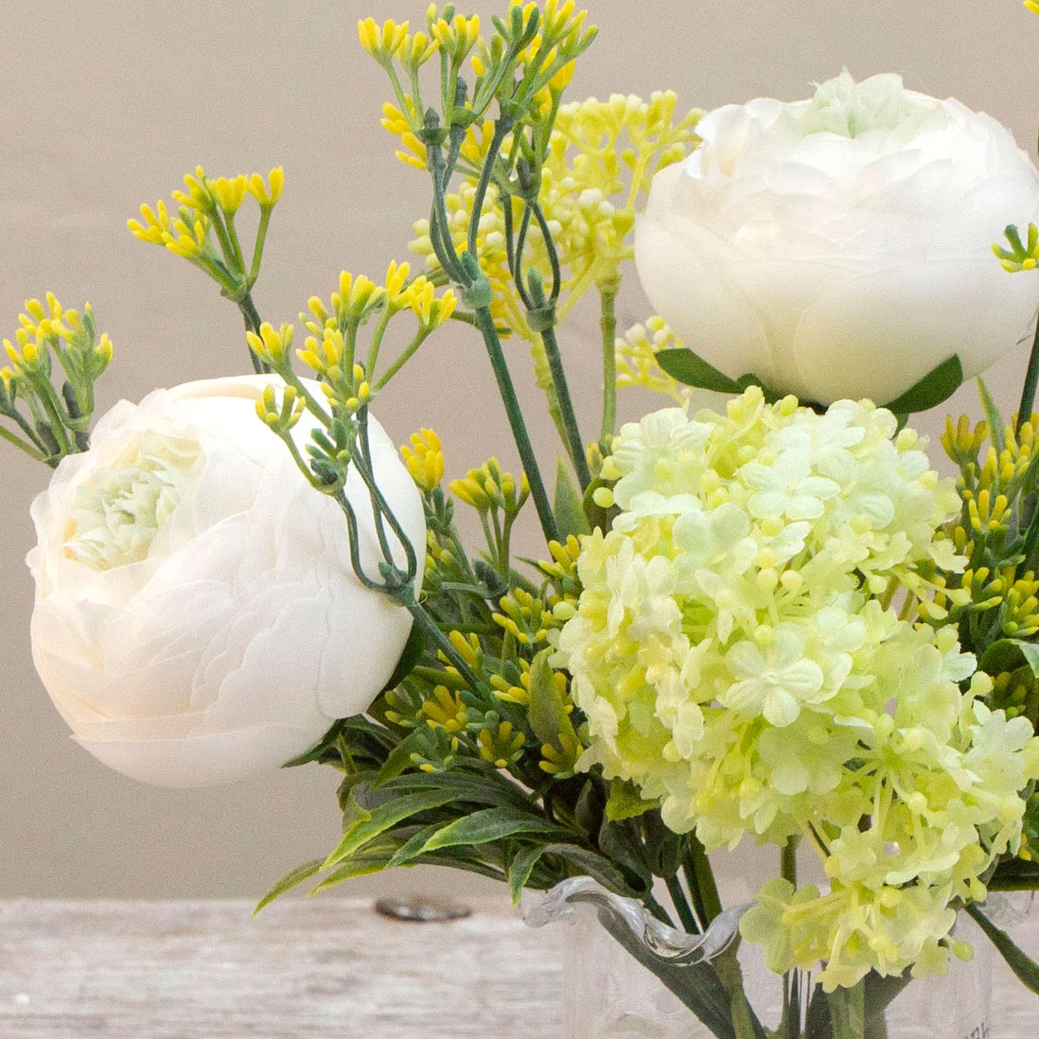 Artificial Ranunculus & Foliage in Glass Garlic Vase - Image 7