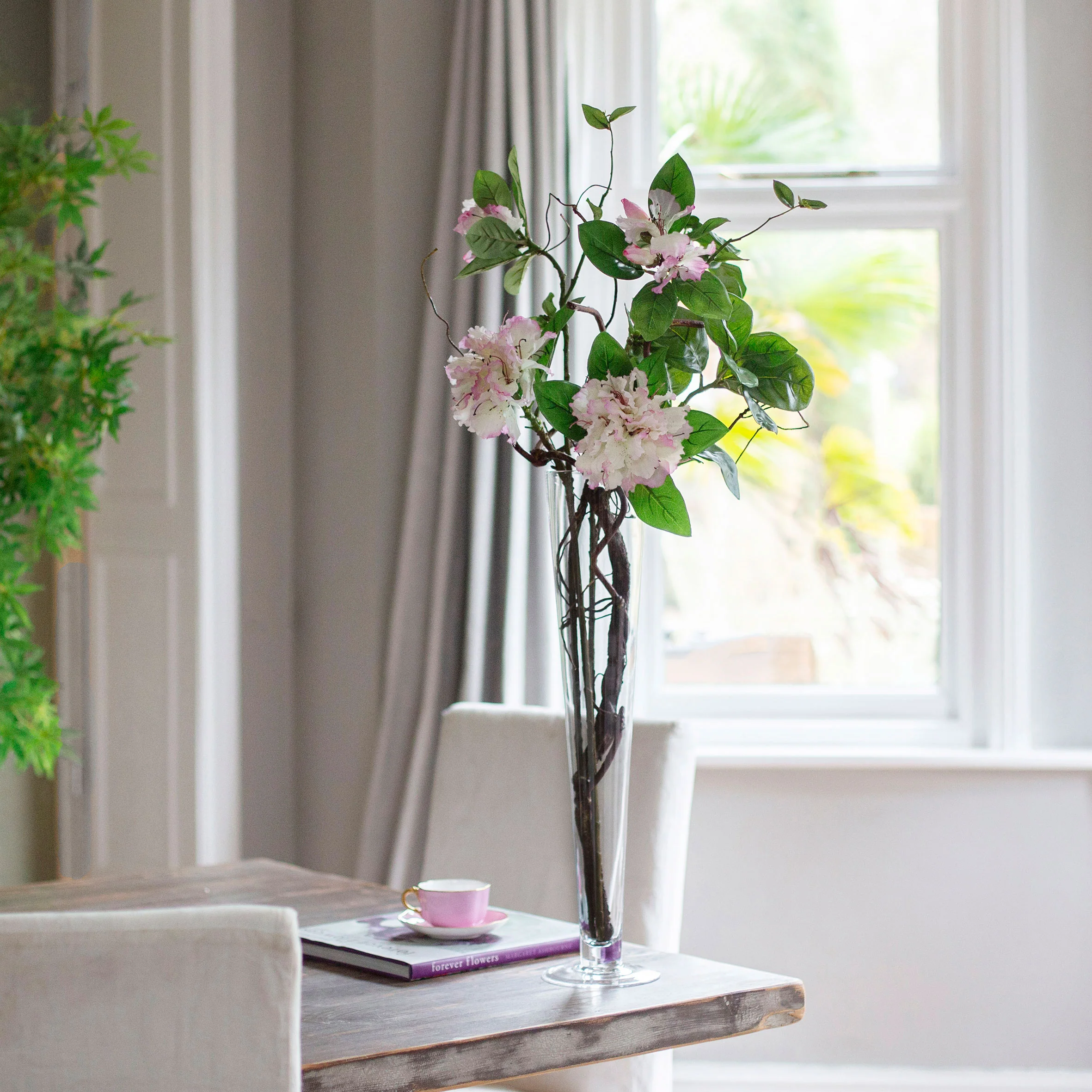 Artificial Rhoddodendron & Contorted Willow in Tall Conical Glass Vase - Image 3