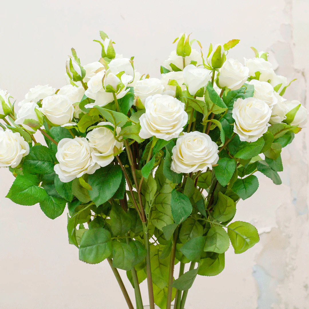 Artificial  Rose Spray Stem with Leaves - Bridal White - Image 3