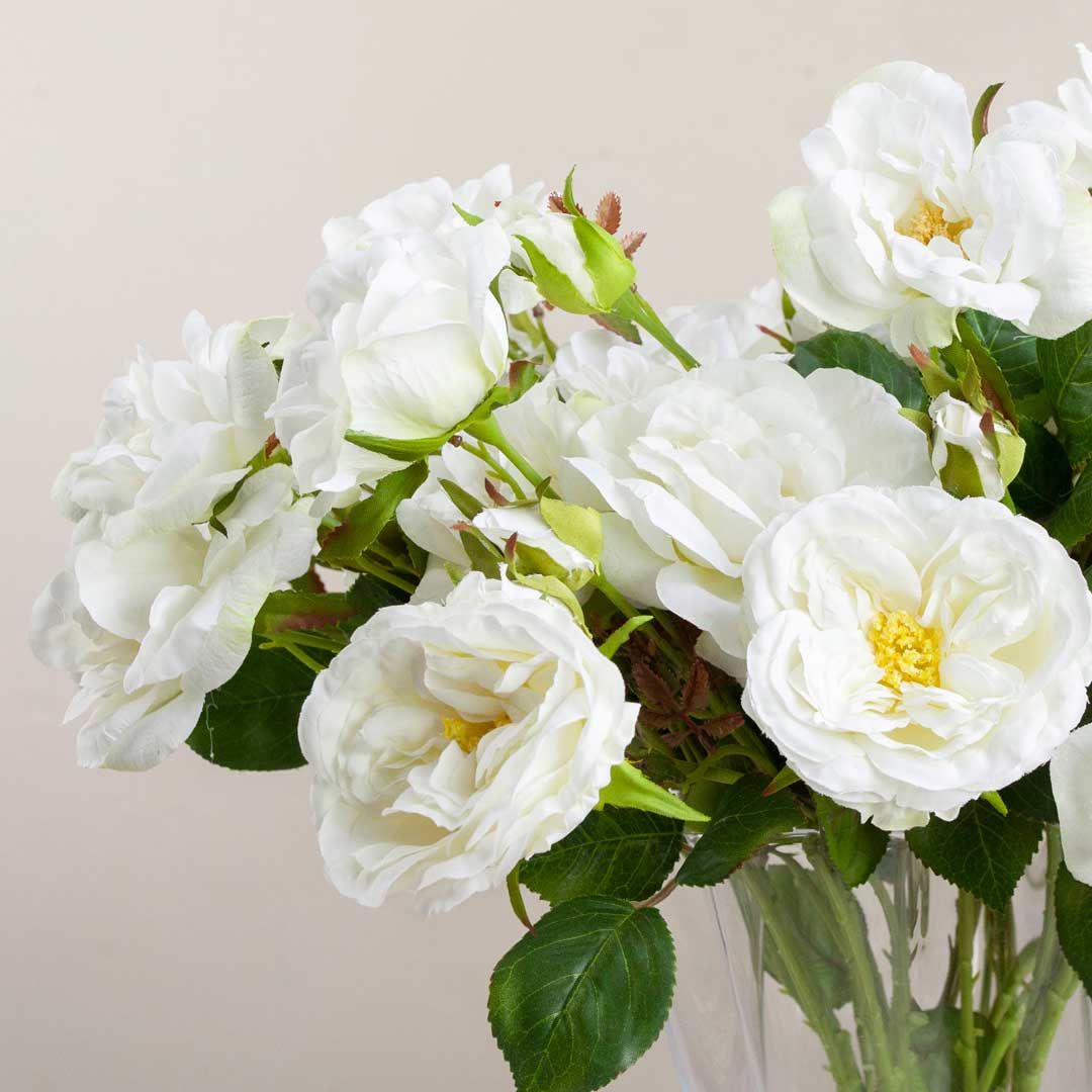 Artificial Old English Rose with Buds and Leaves on a Long Stem - White - Image 3