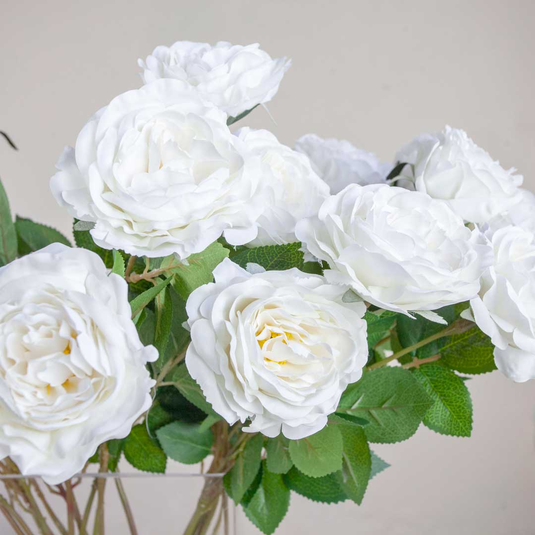 Artificial Old English Rose with Leaves on a Long Stem - White - Image 3