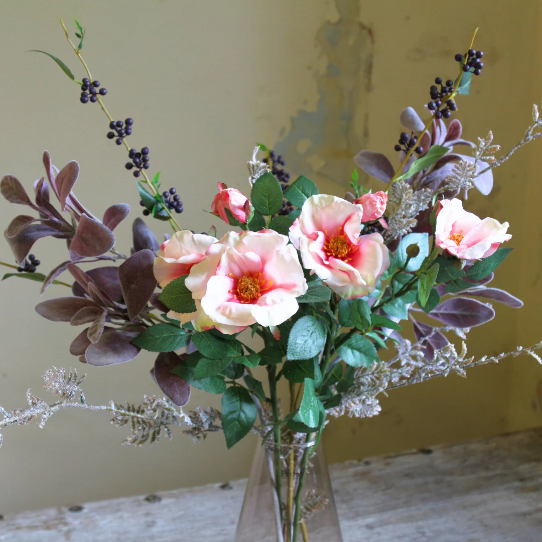 Artificial Dogwood Roses and Berries with Autumn Lambs Leaf in a Glass Vase - Image 3