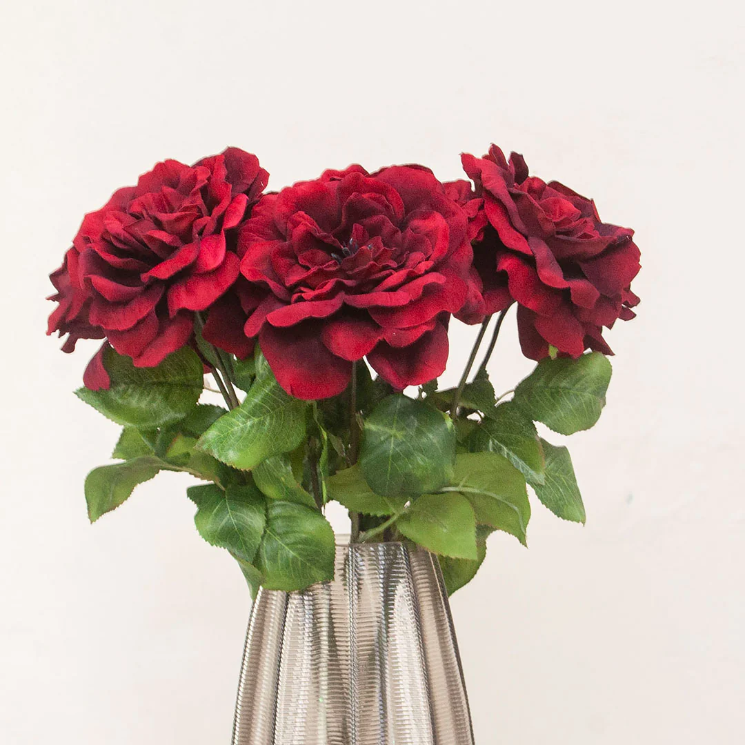 Artificial Old English Rose Stem with Leaves - Red - Image 3