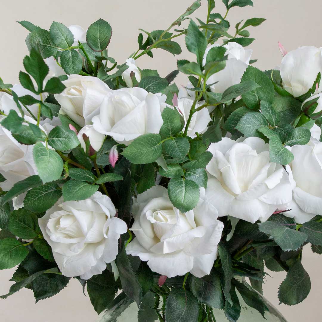 Artificial Joyous Rose with Buds and Leaves on a Long Stem - White - Image 3